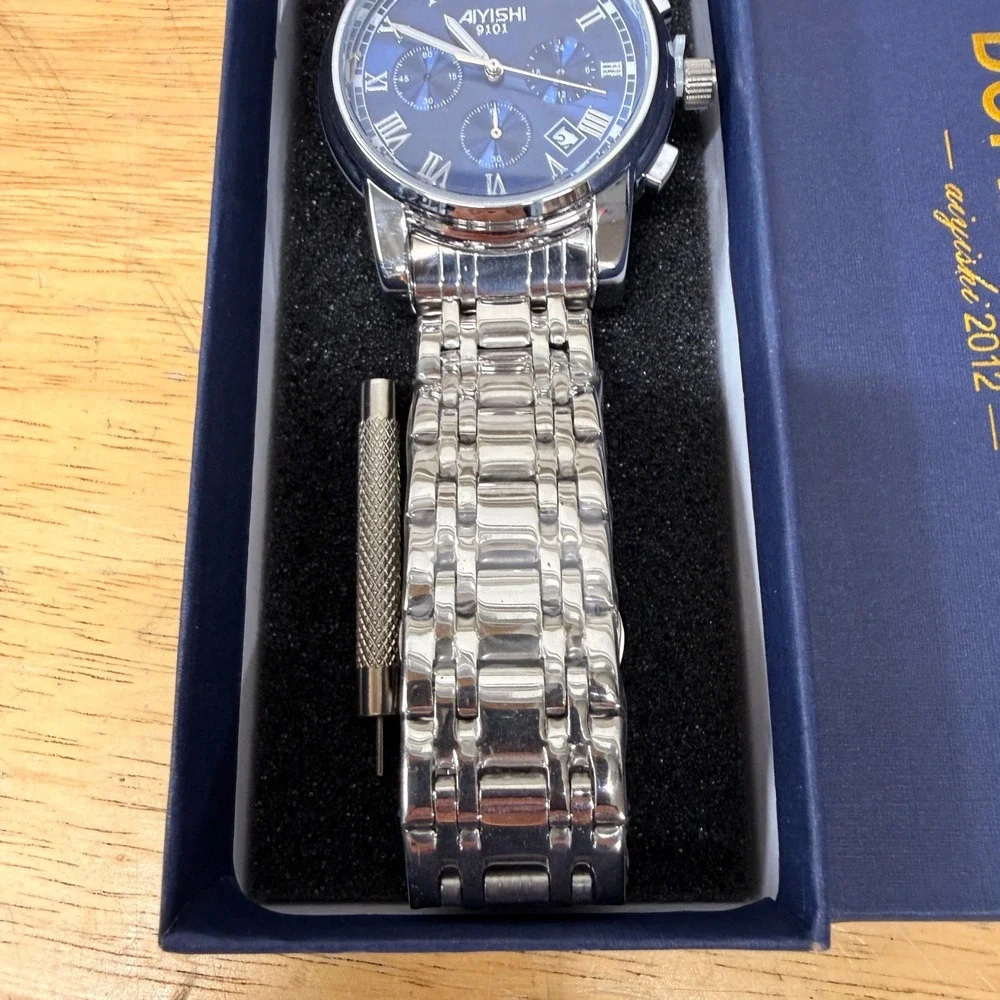 Dofia Xiaoya Aiyishi 9101‎ Men's Silver Stainless Steel Quartz Watch Blue Dial